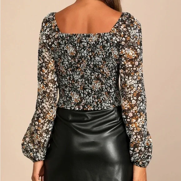 NWT Mood Setter Black Floral Print Ruched Long Sleeve Top - Picture 4 of 4